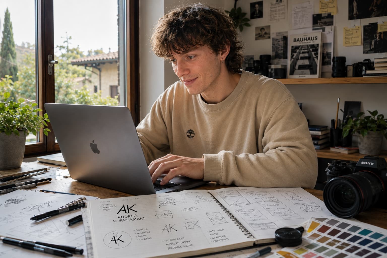 Andrea Korkeamaki al lavoro al computer in uno studio creativo